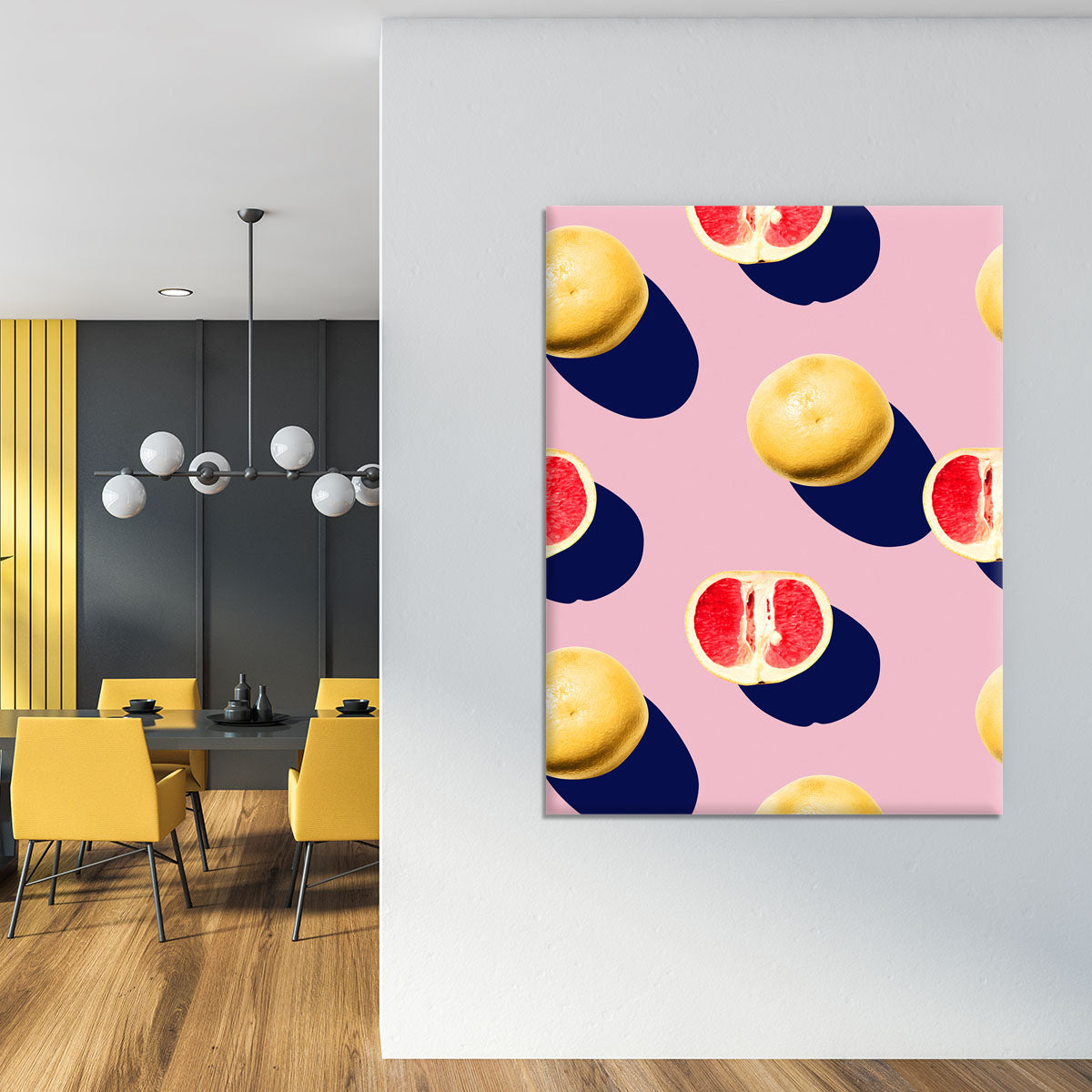 A vibrant fruit canvas print featuring an assortment of colorful fruits like apples, oranges, and berries, beautifully arranged on a textured background.