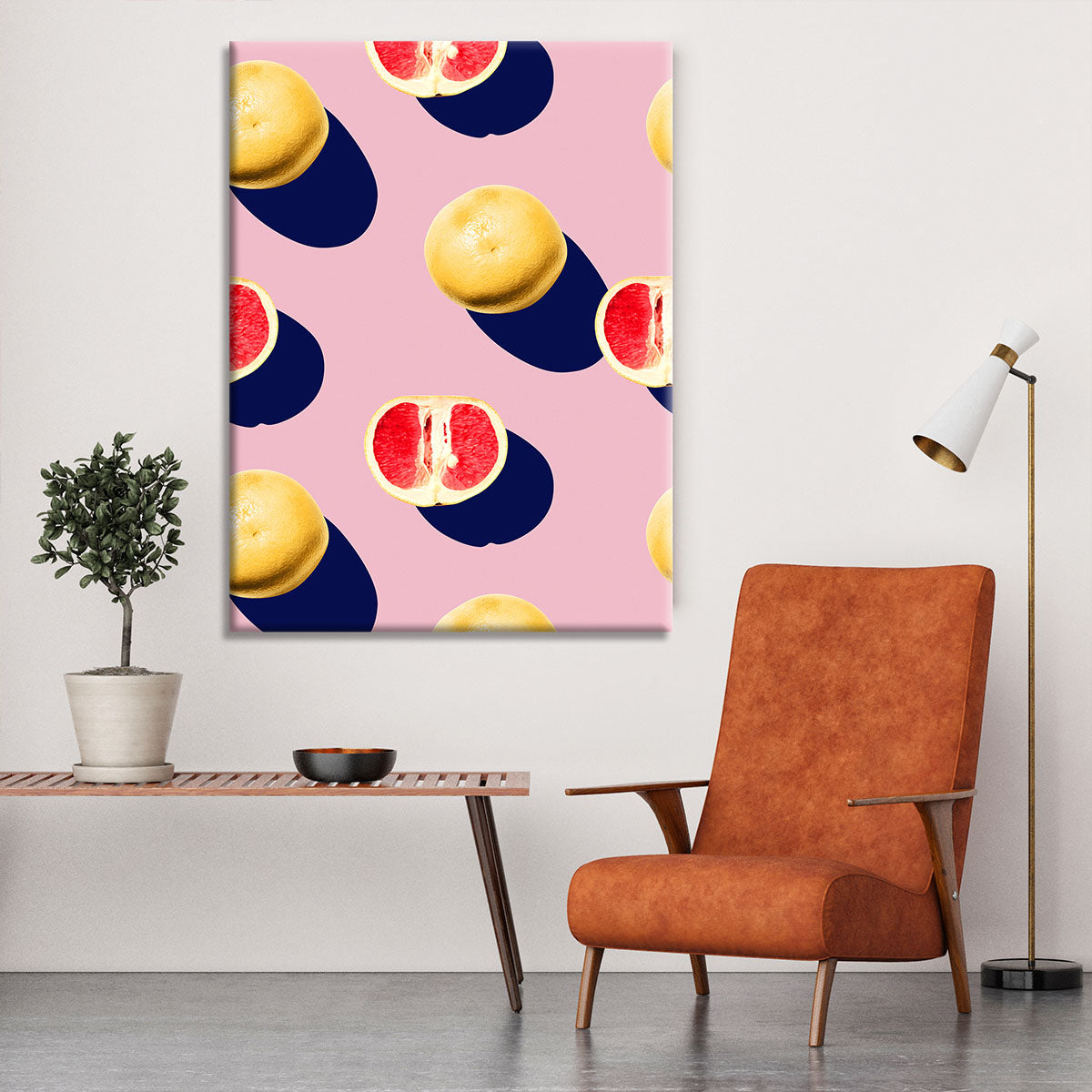 A vibrant fruit canvas print featuring an assortment of colorful fruits like apples, oranges, and berries, beautifully arranged on a textured background.