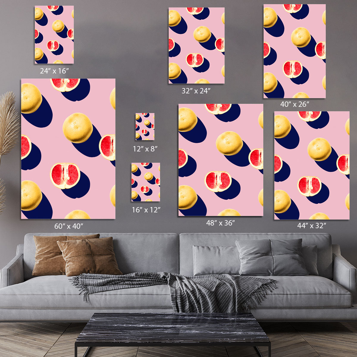 A vibrant fruit canvas print featuring an assortment of colorful fruits like apples, oranges, and berries, beautifully arranged on a textured background.