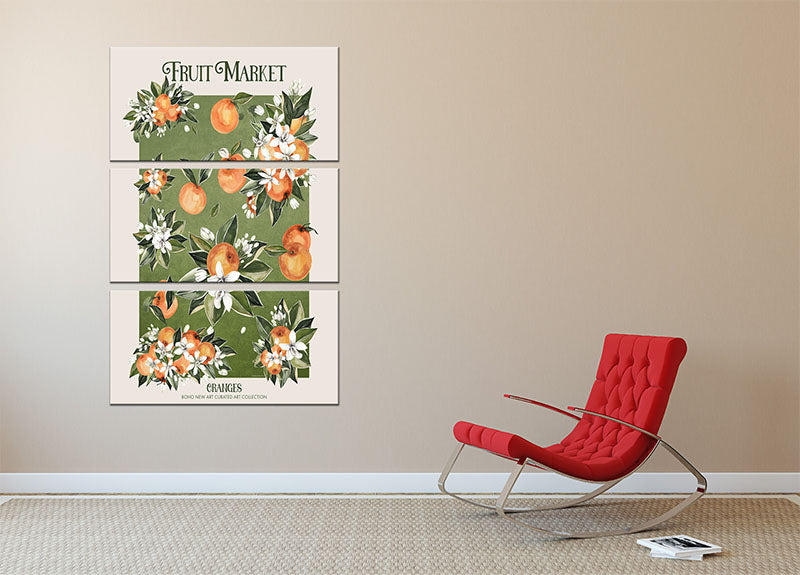 A vibrant 3-panel canvas print featuring fresh oranges, perfect for home decor.