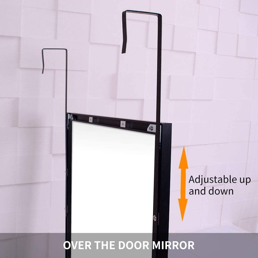 Full-length standing mirror with an aluminum frame, adjustable hanger, and burst-proof glass, perfect for bedrooms and bathrooms.