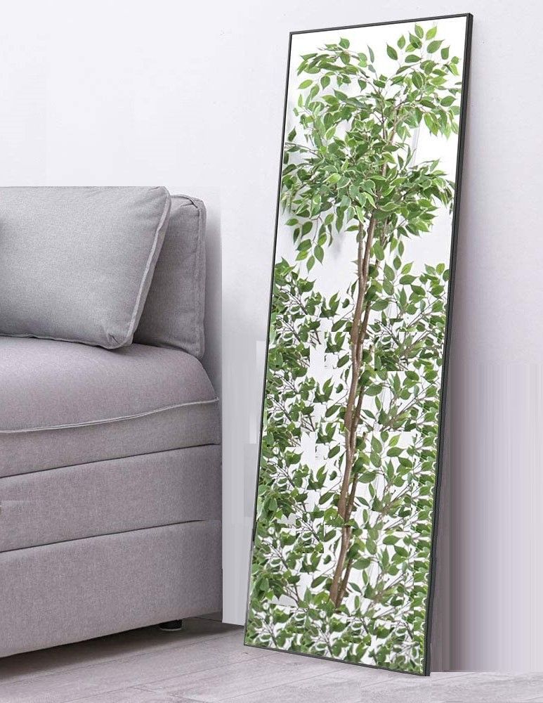 Full-length standing mirror with an aluminum frame, adjustable hanger, and burst-proof glass, perfect for bedrooms and bathrooms.