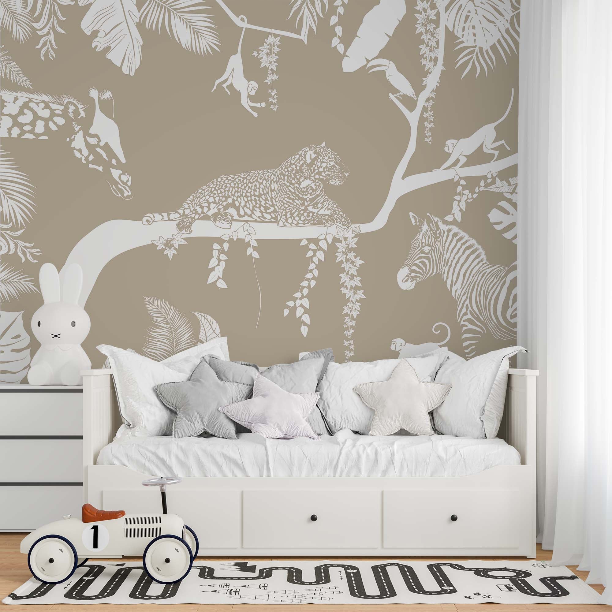 Fun Safari wallpaper mural featuring zebras, giraffes, and lions, perfect for children's rooms.