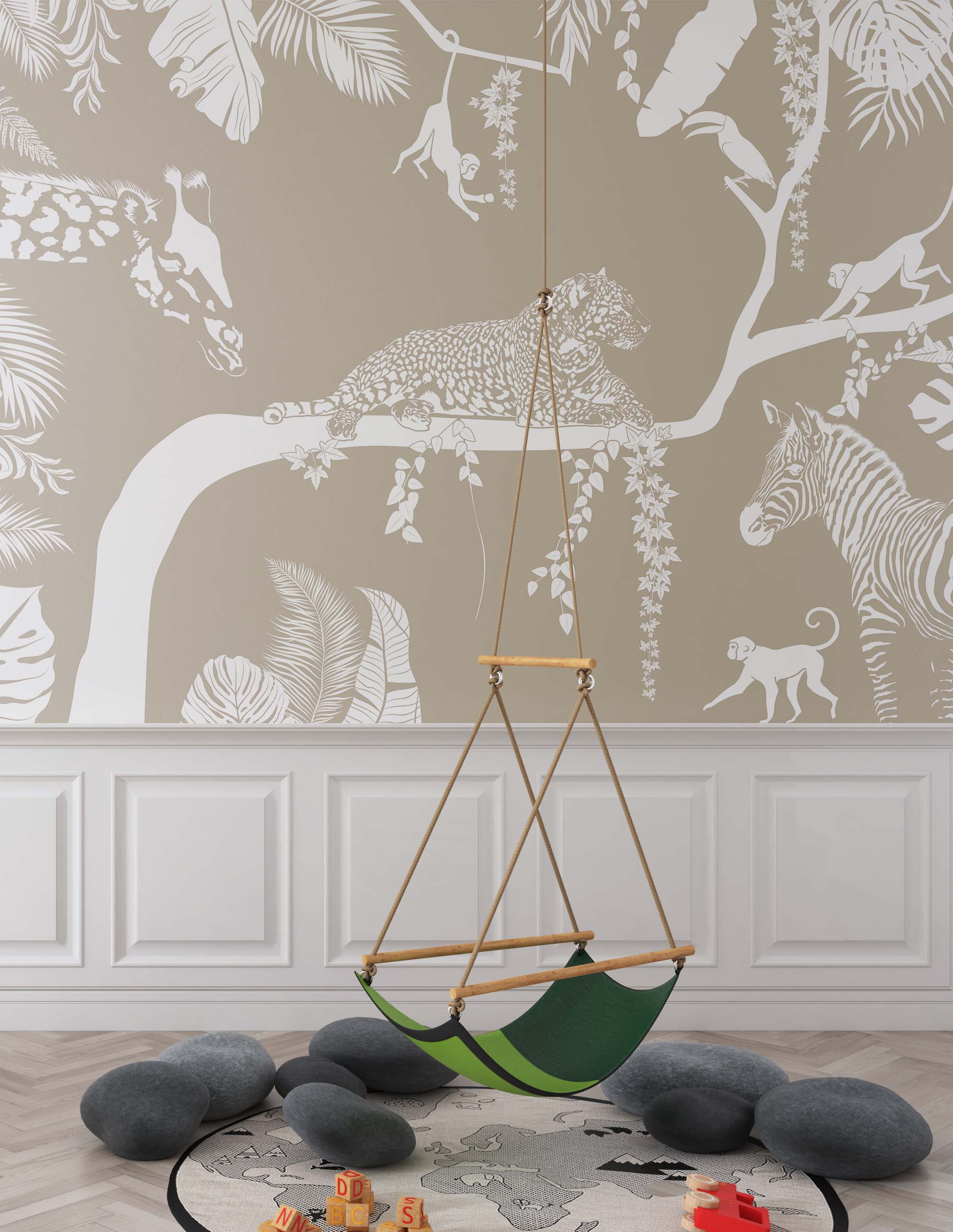 Fun Safari wallpaper mural featuring zebras, giraffes, and lions, perfect for children's rooms.