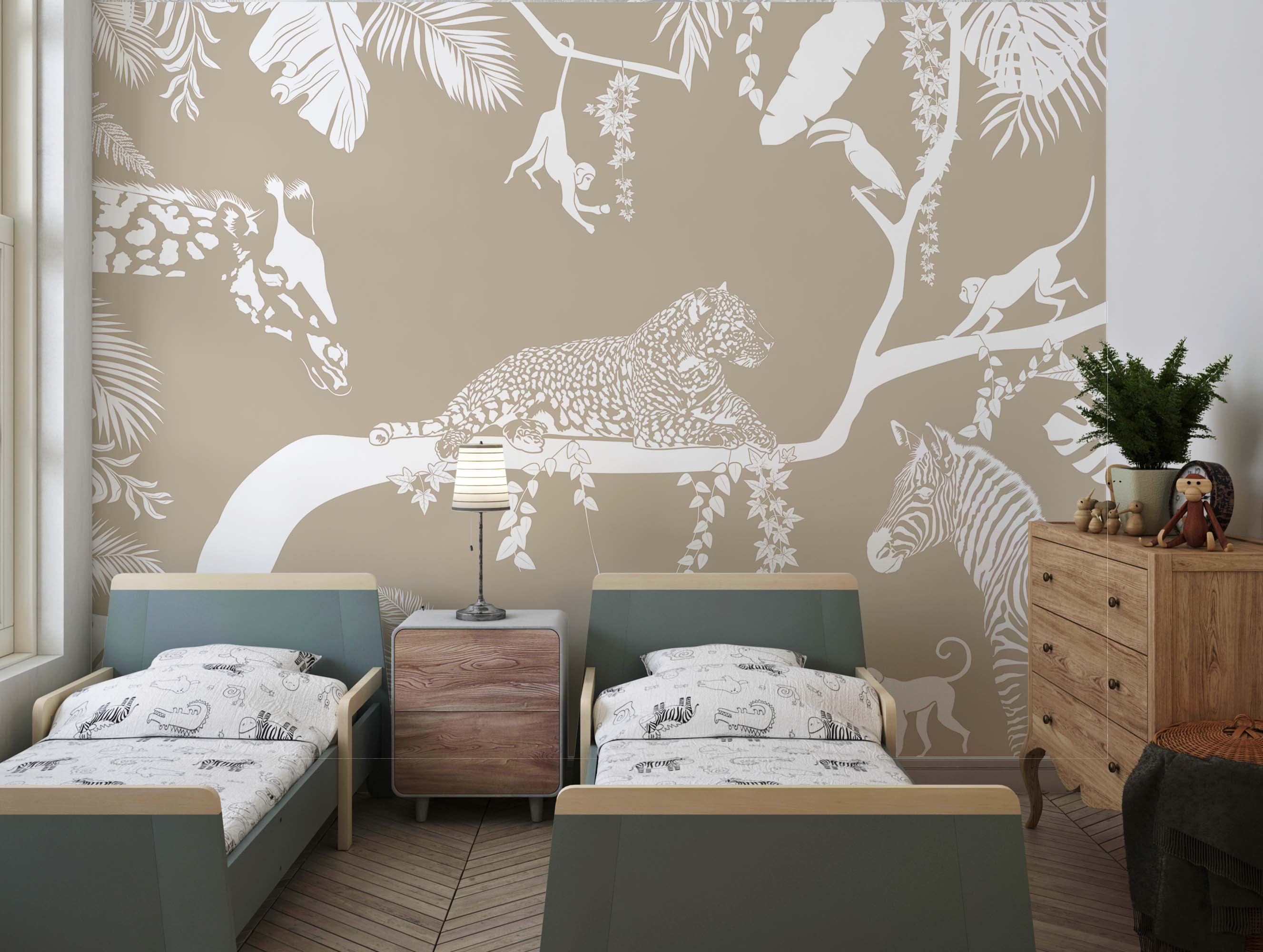 Fun Safari wallpaper mural featuring zebras, giraffes, and lions, perfect for children's rooms.