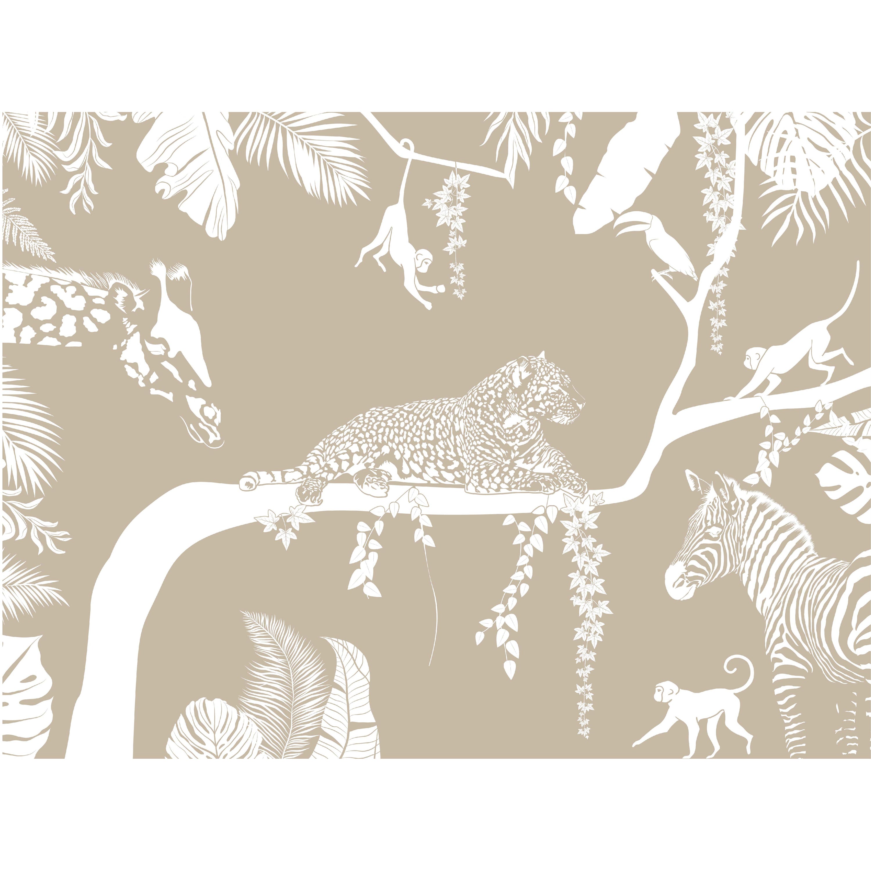 Fun Safari wallpaper mural featuring zebras, giraffes, and lions, perfect for children's rooms.