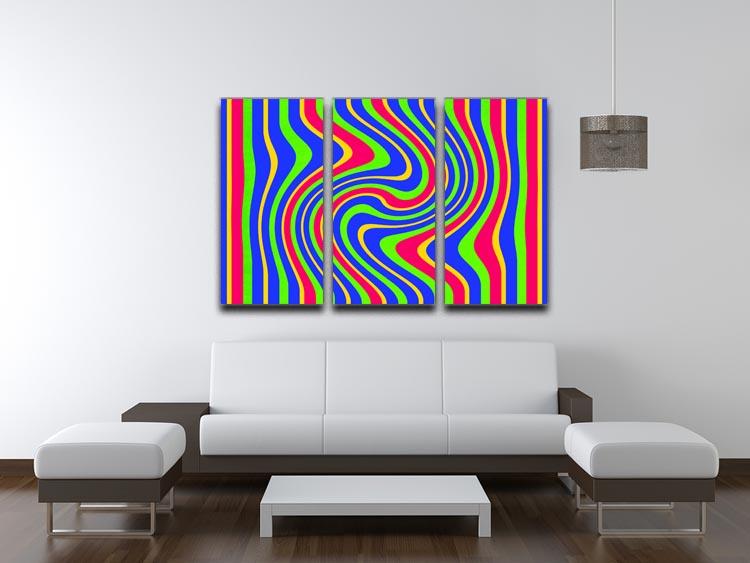 Funky Stripes Swirl 3-panel canvas print showcasing vibrant colors and abstract design, perfect for modern decor.