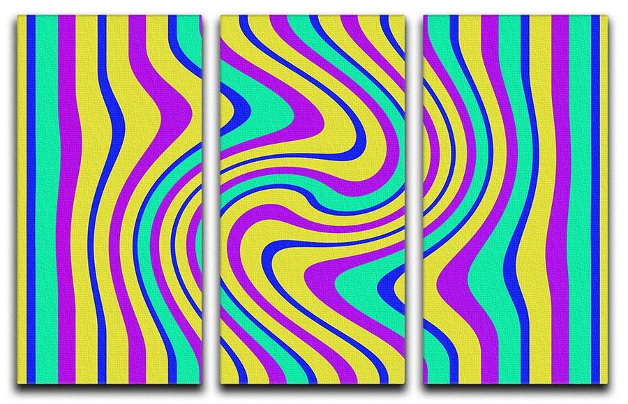 Funky Stripes Swirl 3 Split Panel Canvas Print showcasing vibrant colors and dynamic design, perfect for enhancing any room decor.