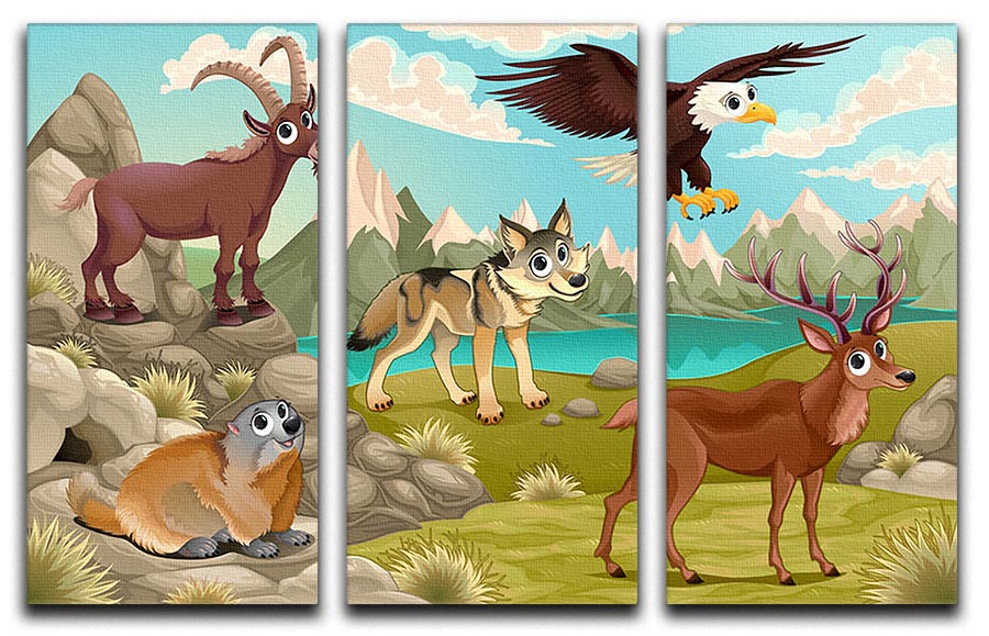 Three-panel canvas print featuring funny animals in a mountain landscape, showcasing vibrant colors and whimsical design.