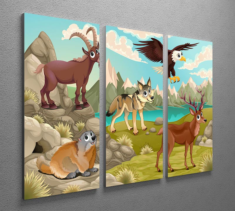 Three-panel canvas print featuring funny animals in a mountain landscape, showcasing vibrant colors and whimsical design.