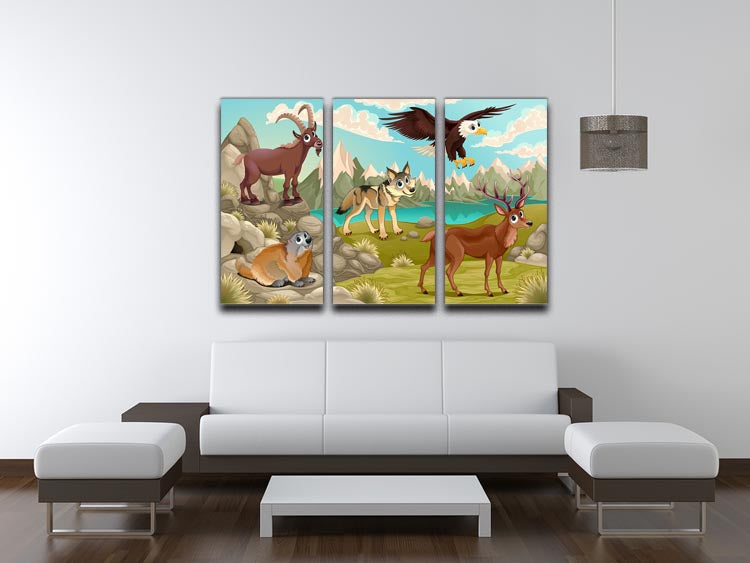 Three-panel canvas print featuring funny animals in a mountain landscape, showcasing vibrant colors and whimsical design.