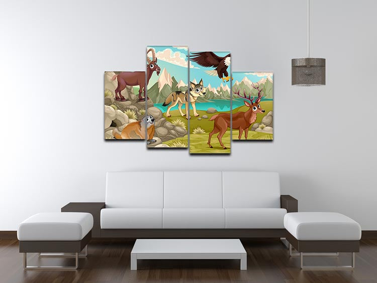 A vibrant 4-split canvas artwork featuring funny animals in a scenic mountain landscape, perfect for home decor.