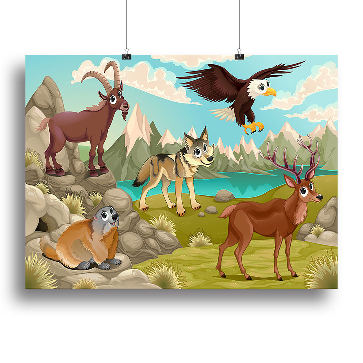A colorful canvas print featuring funny animals in a mountain landscape, showcasing vibrant colors and whimsical designs.