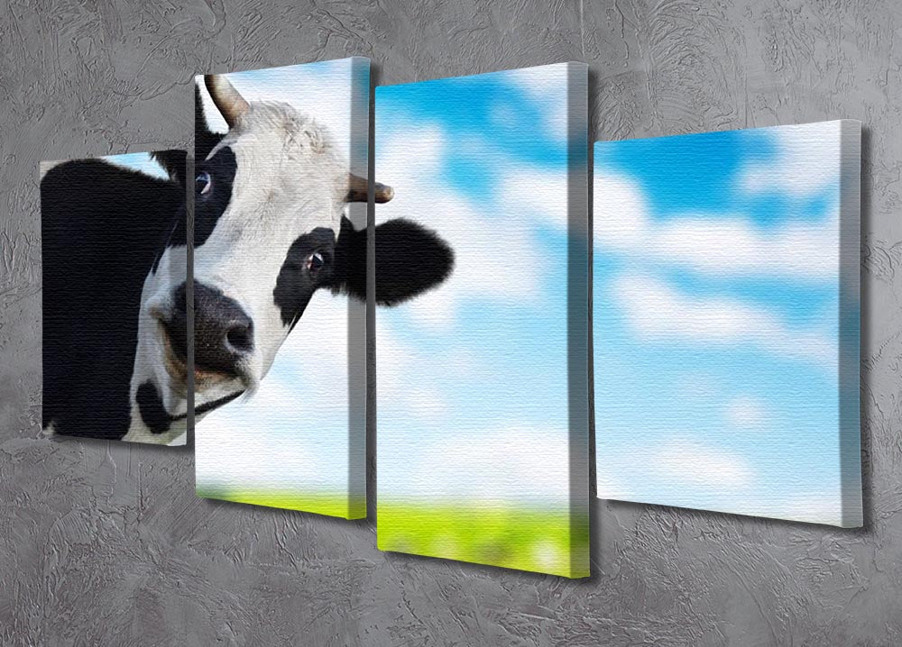A humorous 4-panel canvas artwork featuring a cow looking directly at the camera, showcasing vibrant colors and playful expression.