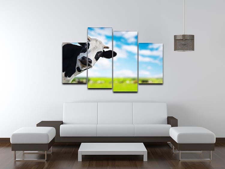 A humorous 4-panel canvas artwork featuring a cow looking directly at the camera, showcasing vibrant colors and playful expression.