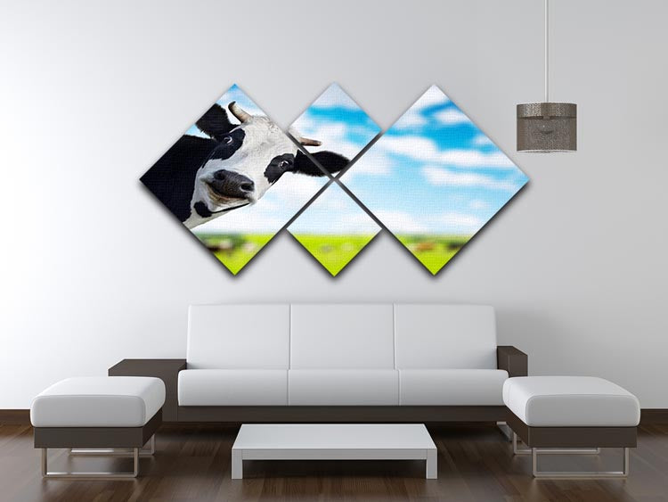 A humorous multi-panel canvas featuring a cow looking at the camera, divided into four equal squares.