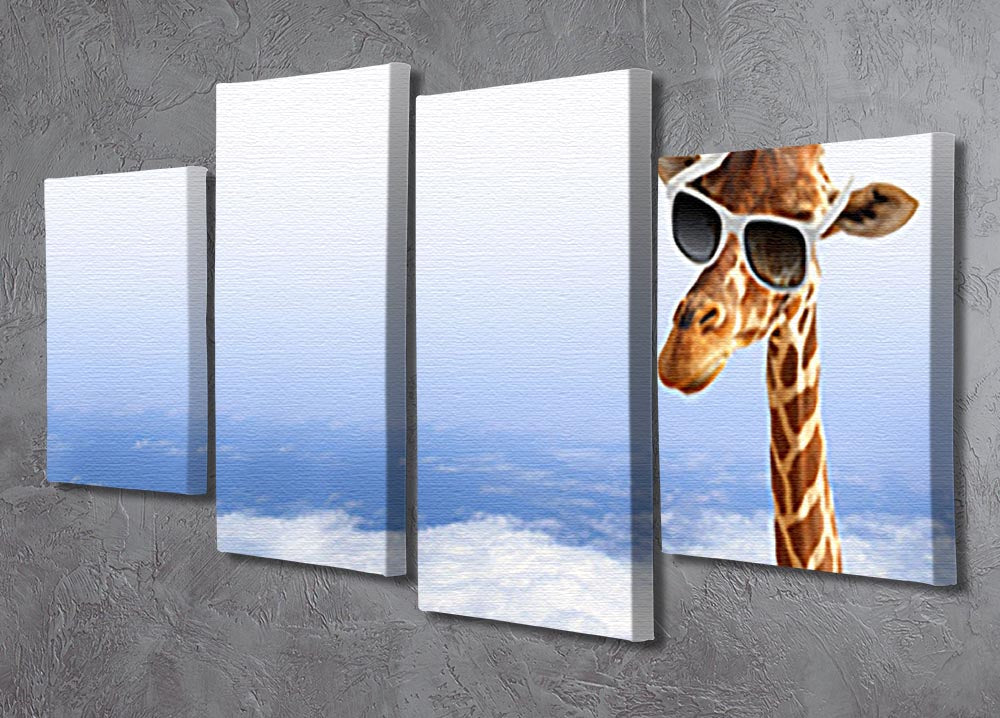 A whimsical 4-split canvas artwork featuring a funny giraffe wearing sunglasses, emerging from fluffy clouds.