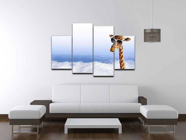 A whimsical 4-split canvas artwork featuring a funny giraffe wearing sunglasses, emerging from fluffy clouds.