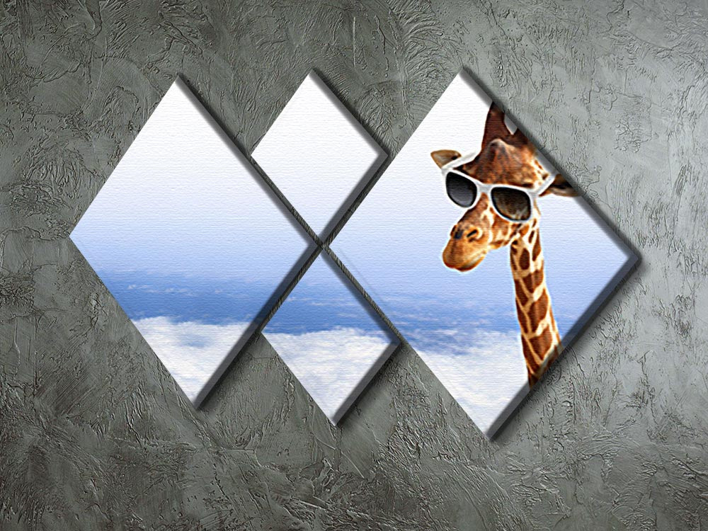 A whimsical canvas artwork featuring a funny giraffe wearing sunglasses, emerging from fluffy clouds, divided into four square panels.