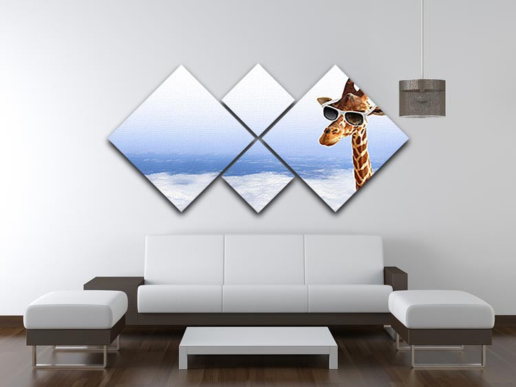 A whimsical canvas artwork featuring a funny giraffe wearing sunglasses, emerging from fluffy clouds, divided into four square panels.