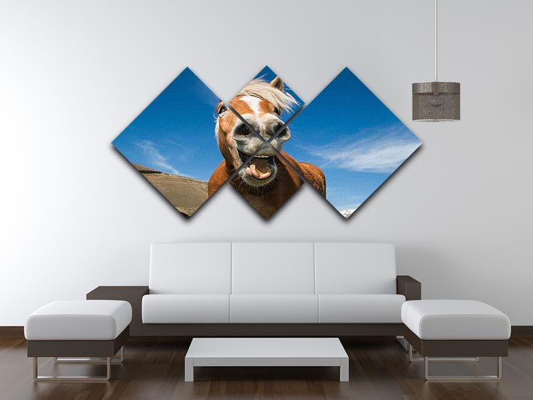 A multi-panel canvas featuring a horse with a funny expression, divided into four equal squares, showcasing vibrant colors and a whimsical design.