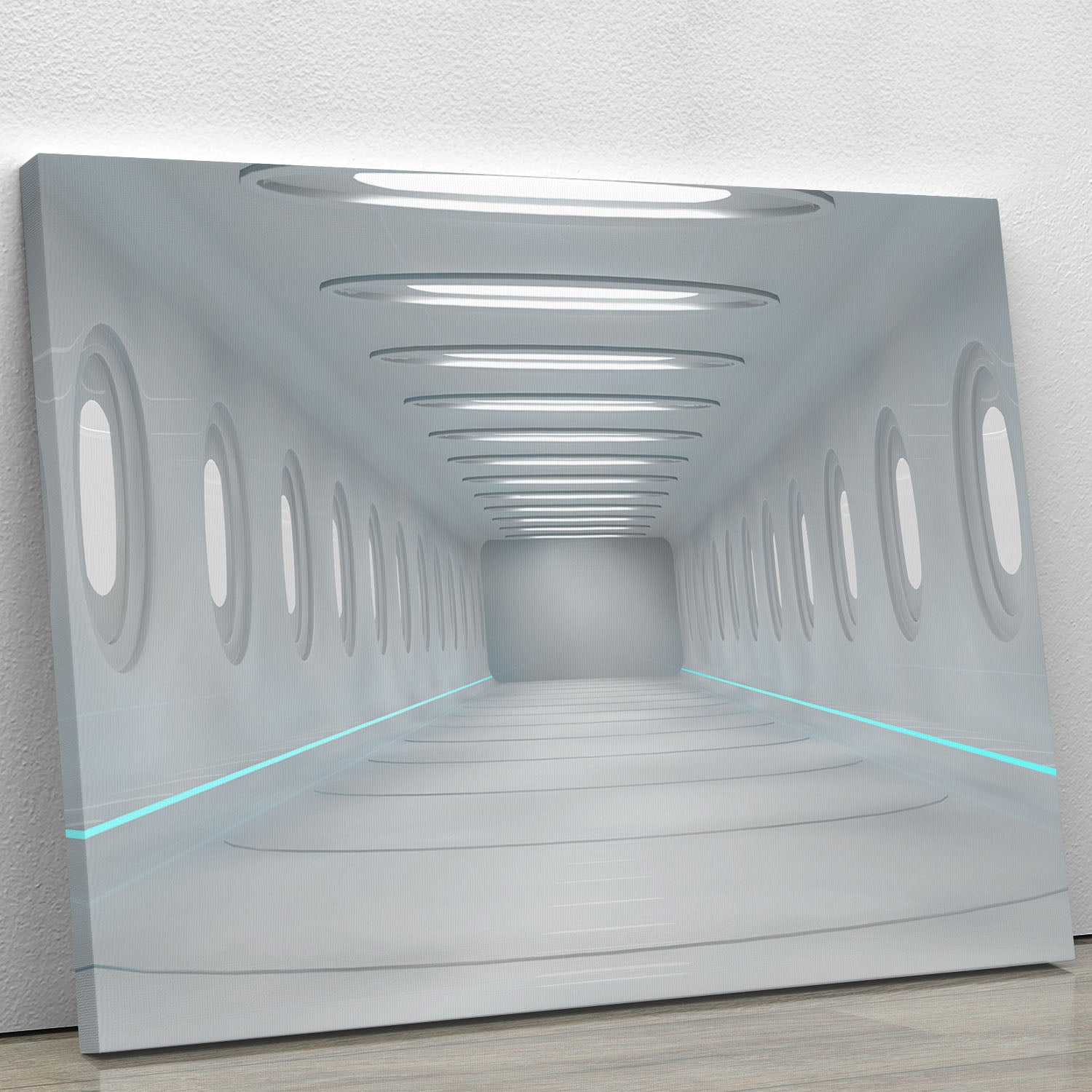 A vibrant futuristic interior canvas print showcasing abstract designs and modern art elements, perfect for home decor.