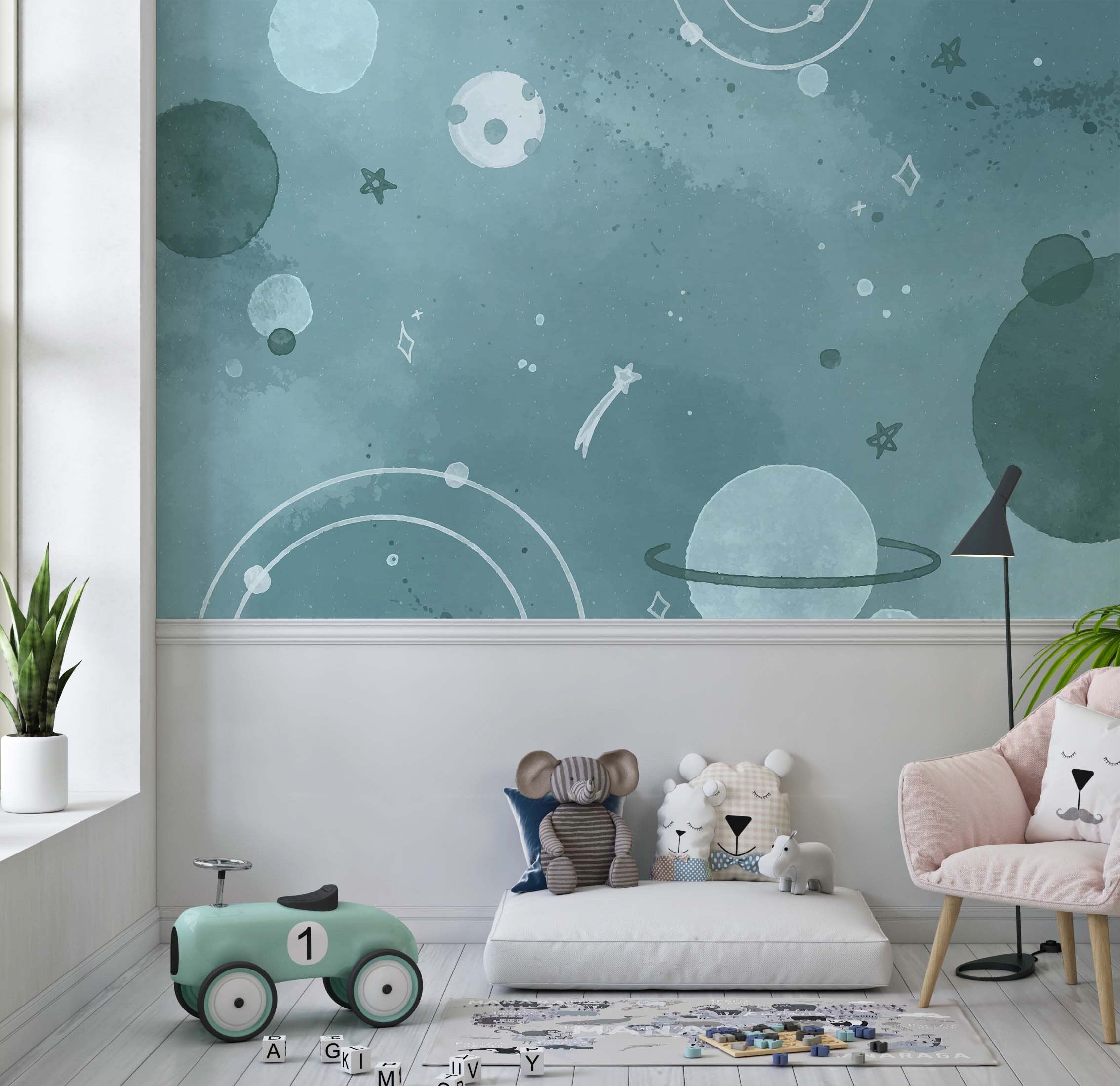 A vibrant Galaxy Wall Mural featuring stars, planets, and cosmic elements, designed for children's rooms.