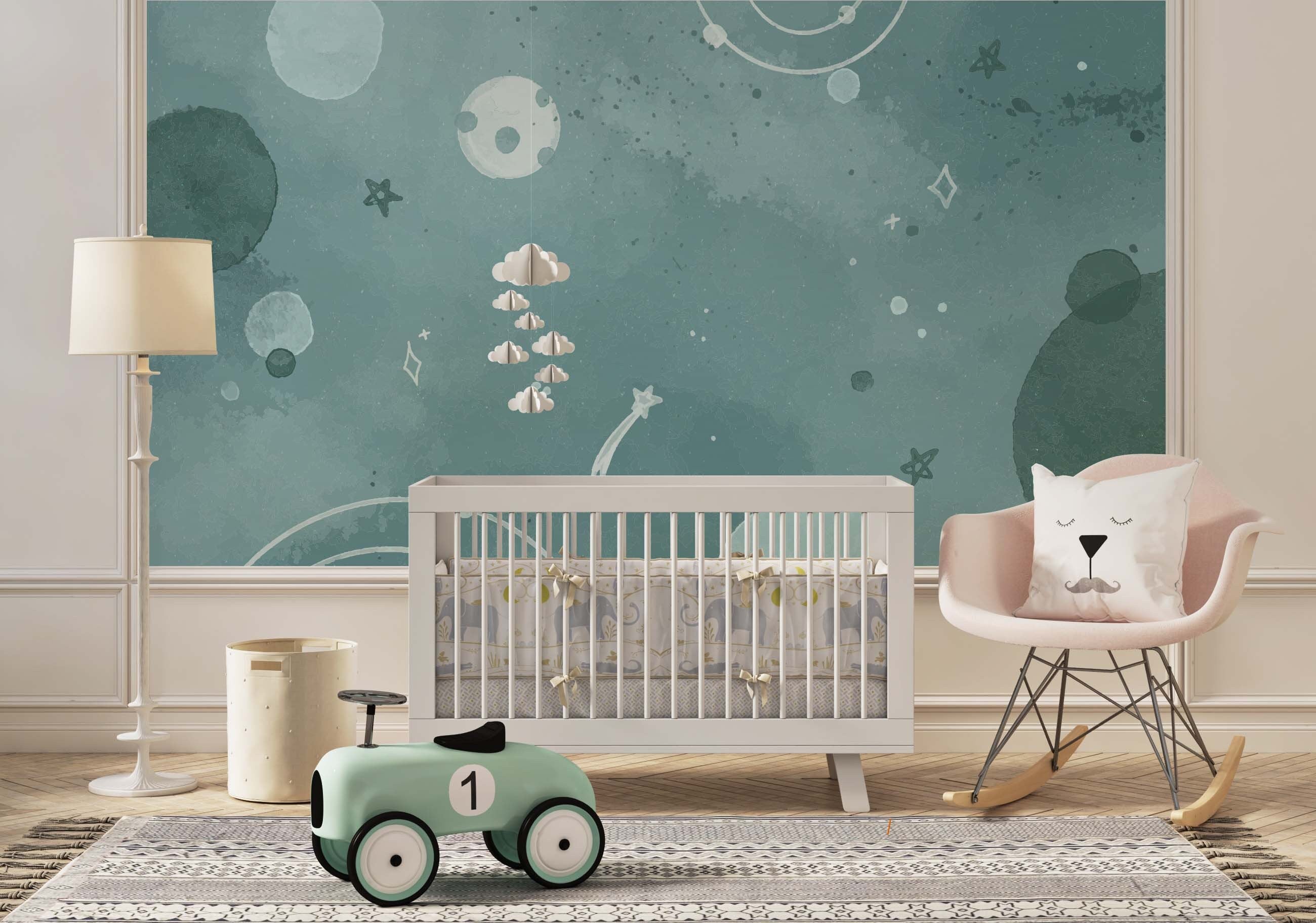 A vibrant Galaxy Wall Mural featuring stars, planets, and cosmic elements, designed for children's rooms.