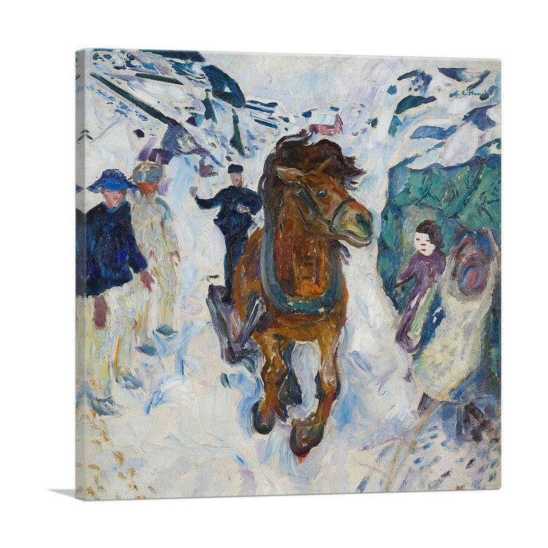 A vibrant canvas print of a galloping horse, showcasing dynamic movement and intricate details, perfect for home decor.