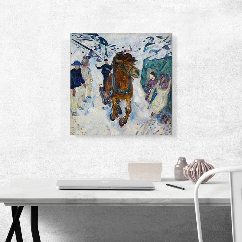 A vibrant canvas print of a galloping horse, showcasing dynamic movement and intricate details, perfect for home decor.