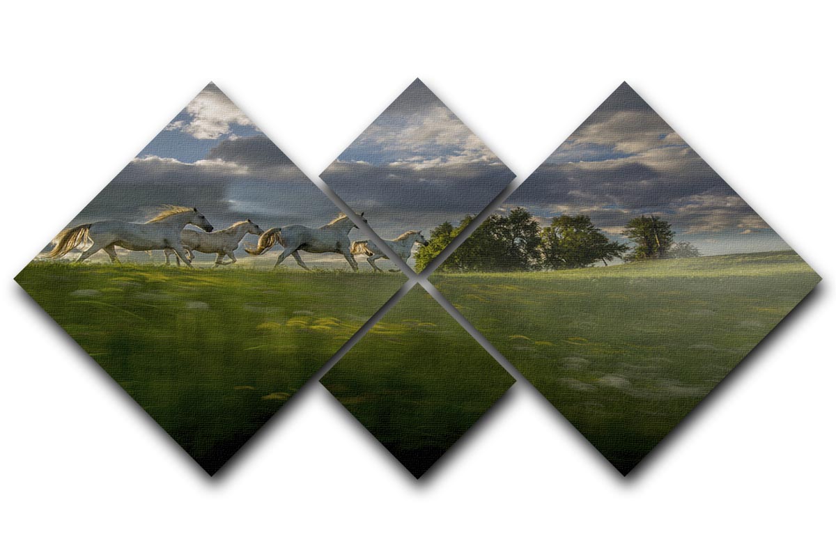Galloping Horses 4 Square Multi Panel Canvas artwork featuring four panels depicting horses in motion, showcasing vibrant colors and dynamic design.