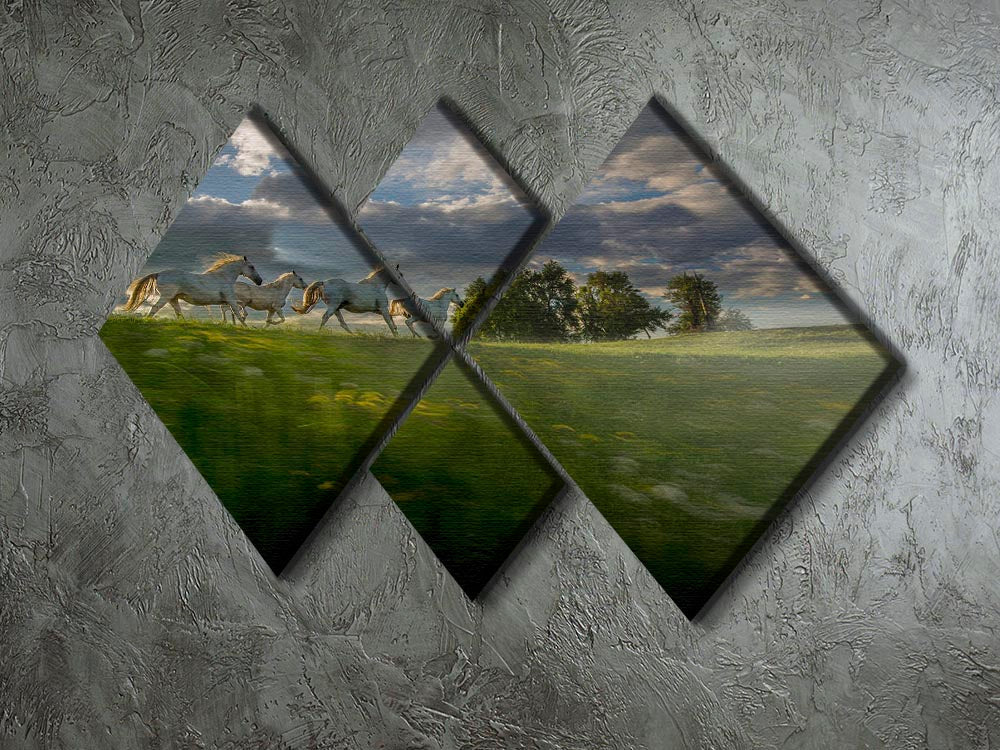 Galloping Horses 4 Square Multi Panel Canvas artwork featuring four panels depicting horses in motion, showcasing vibrant colors and dynamic design.