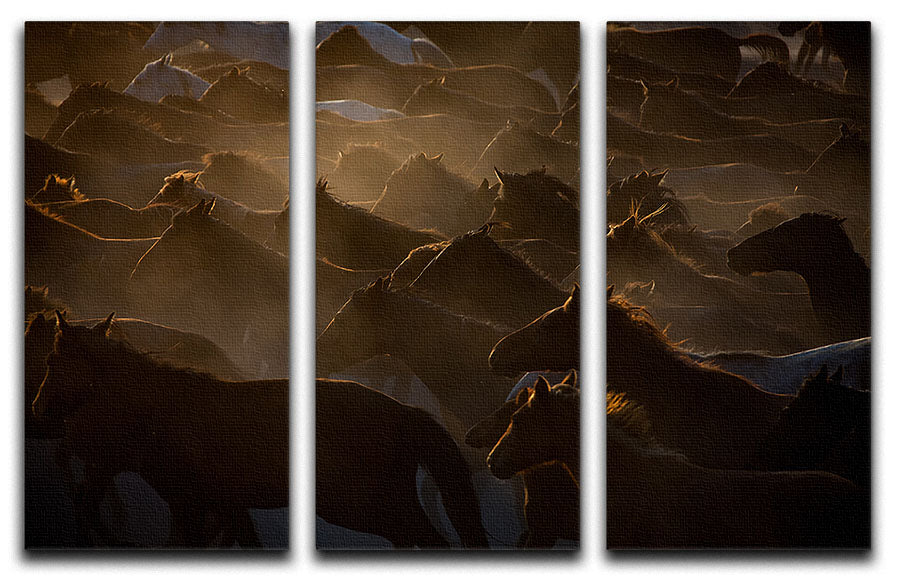 Galloping Horses At Dusk 3 Split Panel Canvas Print showcasing majestic horses in motion against a dusky sky.