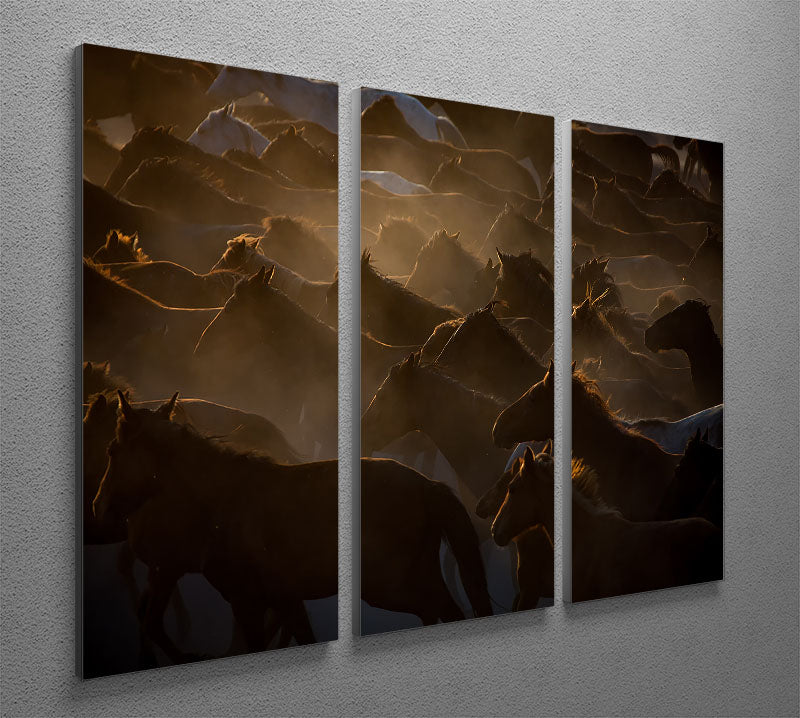 Galloping Horses At Dusk 3 Split Panel Canvas Print showcasing majestic horses in motion against a dusky sky.