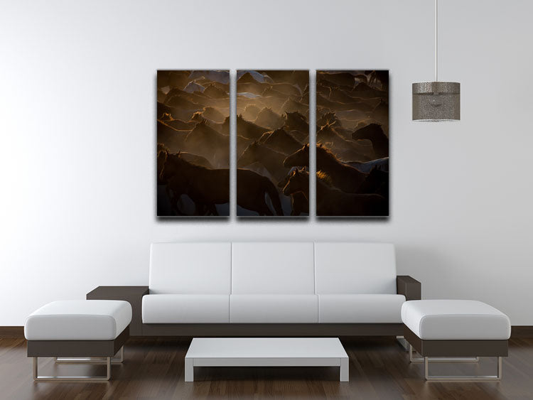 Galloping Horses At Dusk 3 Split Panel Canvas Print showcasing majestic horses in motion against a dusky sky.