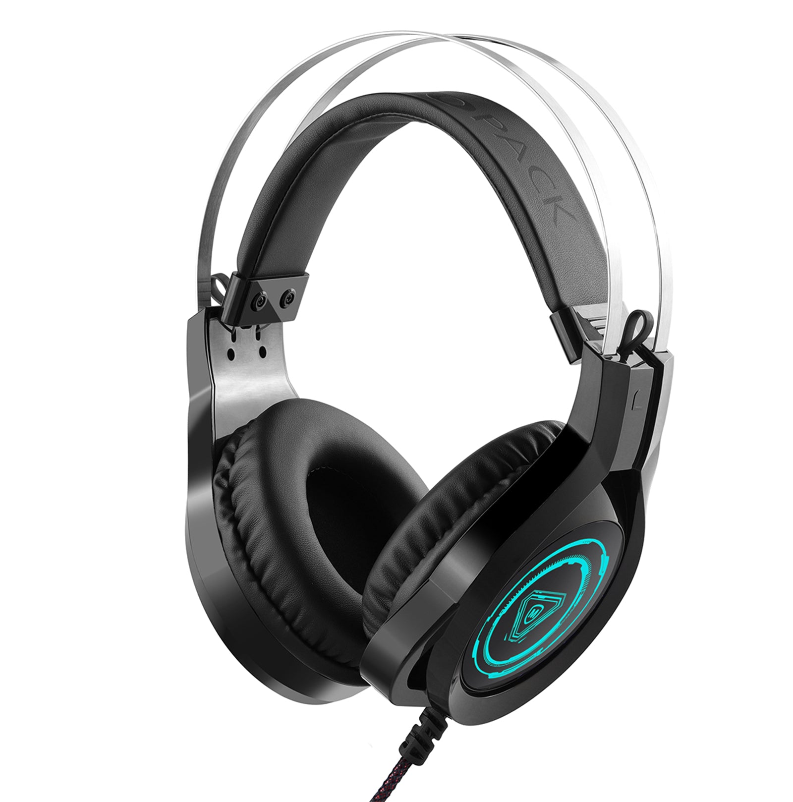 Gaming headset featuring leather earmuffs, omnidirectional microphone, and colorful LED lights for immersive gaming experience.