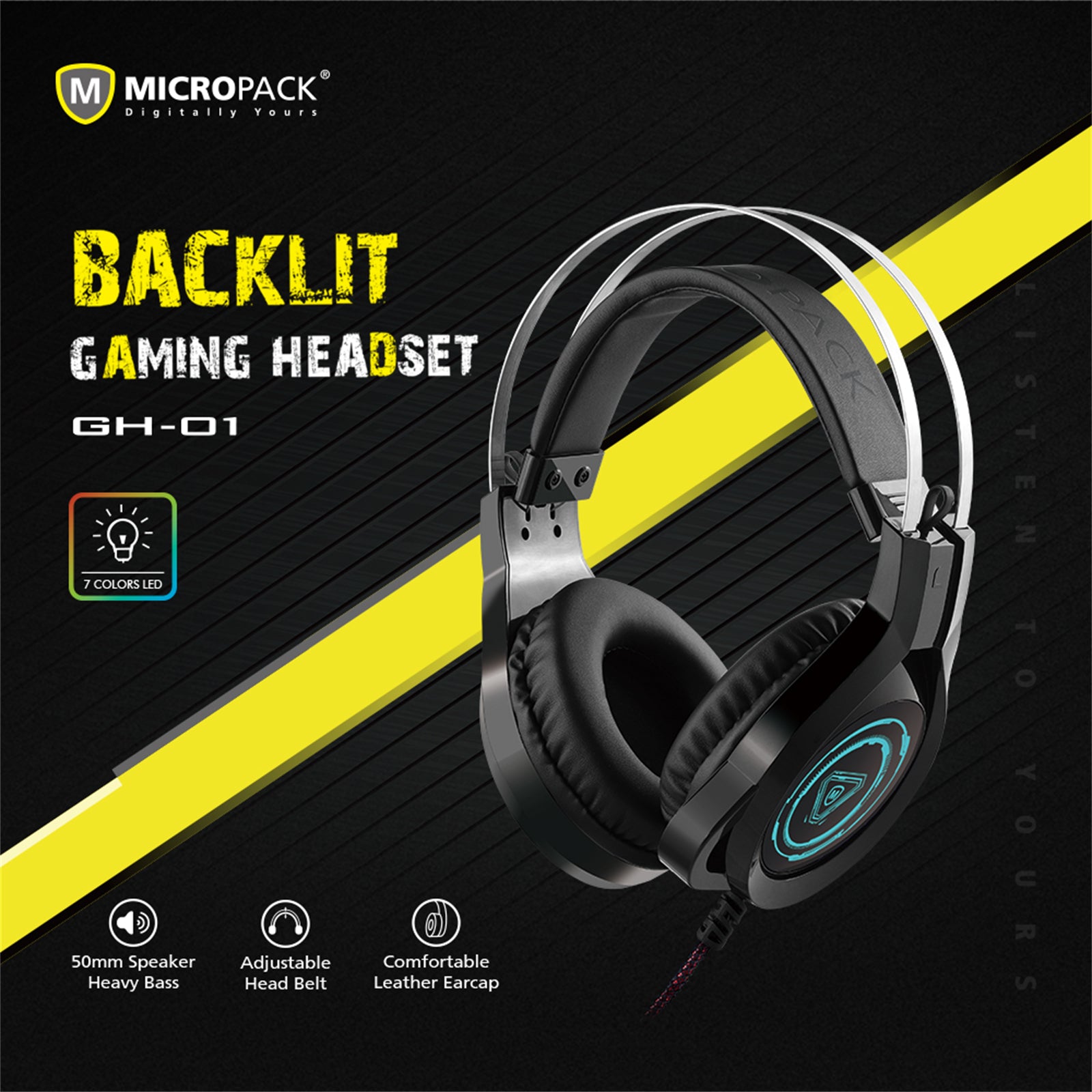 Gaming headset featuring leather earmuffs, omnidirectional microphone, and colorful LED lights for immersive gaming experience.