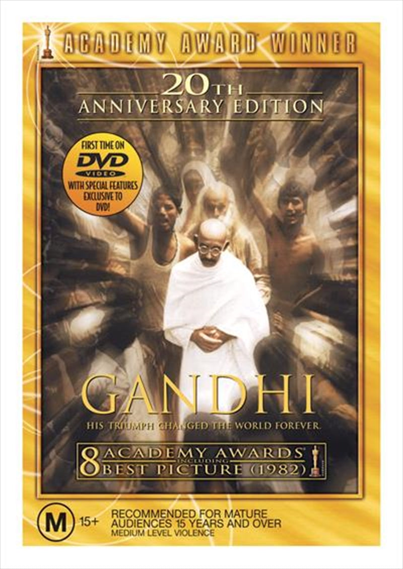 Gandhi DVD cover featuring Sir Ben Kingsley as Mohandas Gandhi, showcasing the film's title and award accolades.
