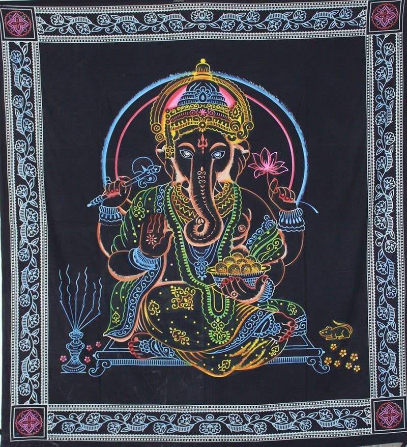 Colorful Ganesha wall decor art hanging made of 100% cotton, showcasing intricate designs and vibrant colors, perfect for home decoration.