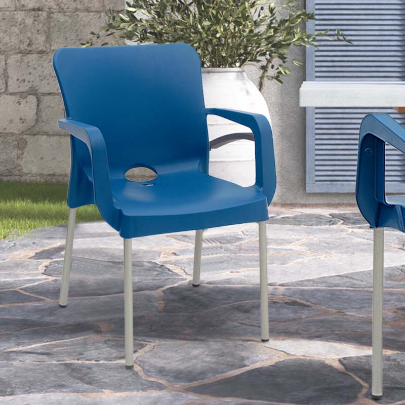 Garden Armchair PARIS in dark blue with metal legs, perfect for outdoor use.