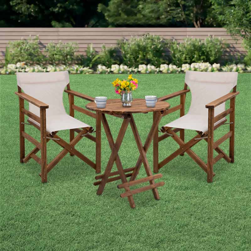 DUCHESS Garden Dining Set featuring a 60cm wooden table and two director's chairs in walnut with ecru cloth, perfect for outdoor dining.
