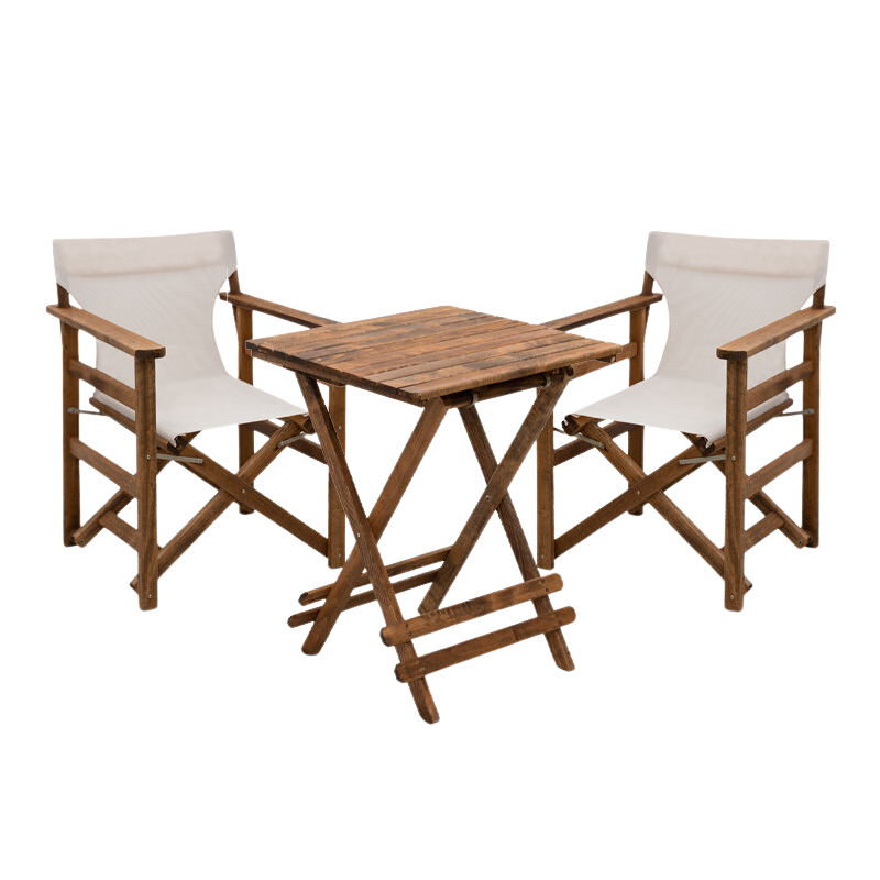 DUCHESS Garden Dining Set featuring a 60x60cm wooden table and two director's chairs with walnut finish and ecru cloth.
