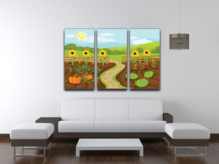 A vibrant garden flat cartoon 3-panel canvas print showcasing colorful and whimsical designs, perfect for home decor.