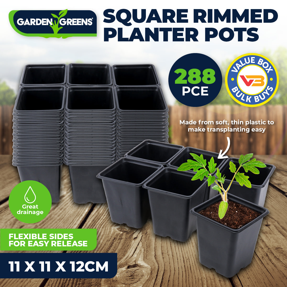 288PCE Garden Greens square planter pots, 11cm size, ideal for seedlings and herbs, featuring effective drainage holes and sturdy rims.