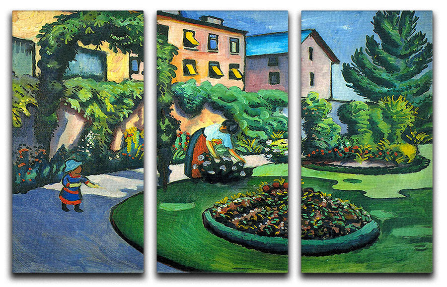 A stunning 3-panel canvas print featuring a vibrant garden scene by Macke, showcasing colorful flowers and lush greenery.