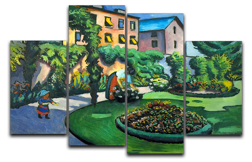 A vibrant 4-split canvas artwork featuring a garden scene by Macke, showcasing four panels that create a cohesive and dynamic image.