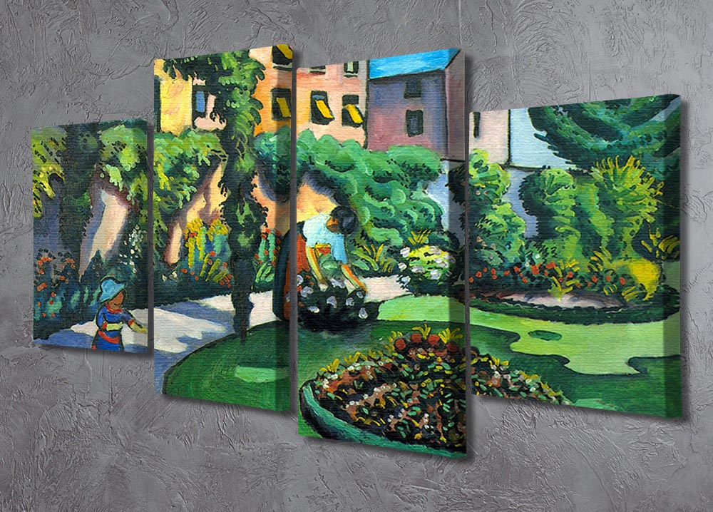 A vibrant 4-split canvas artwork featuring a garden scene by Macke, showcasing four panels that create a cohesive and dynamic image.