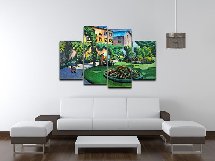 A vibrant 4-split canvas artwork featuring a garden scene by Macke, showcasing four panels that create a cohesive and dynamic image.