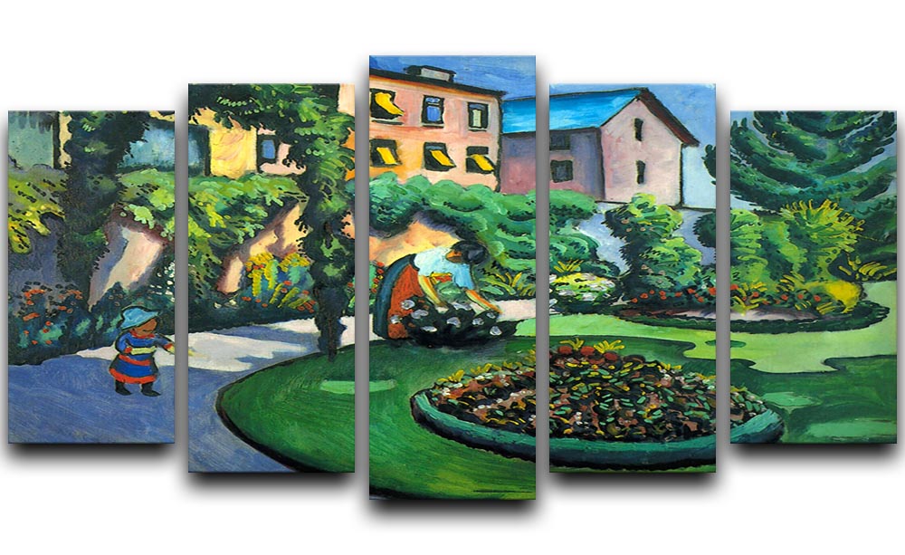 A vibrant 5-split canvas artwork featuring a lush garden scene by Macke, showcasing dynamic colors and intricate details across five panels.