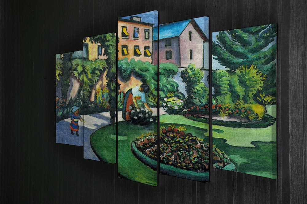A vibrant 5-split canvas artwork featuring a lush garden scene by Macke, showcasing dynamic colors and intricate details across five panels.